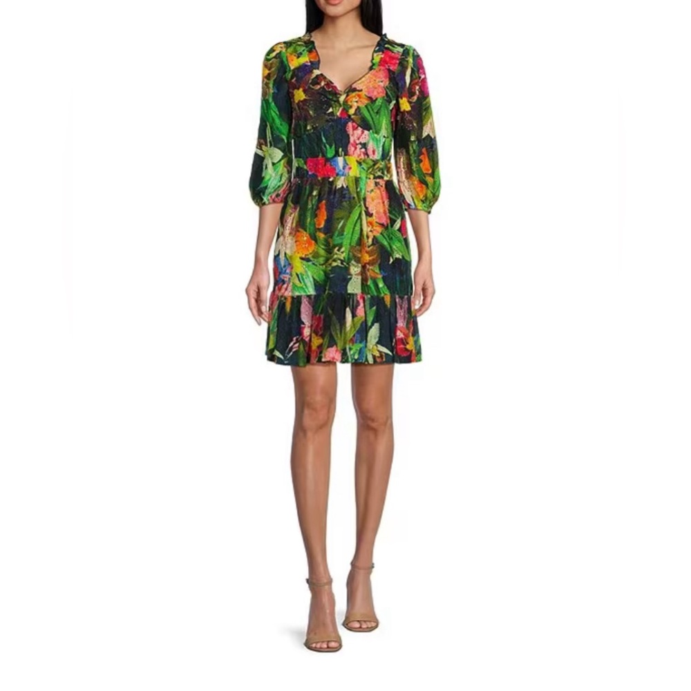 BTFL-life Ondine Floral Print Embroidered Eyelet V-Neck Tiered A-Line Dress